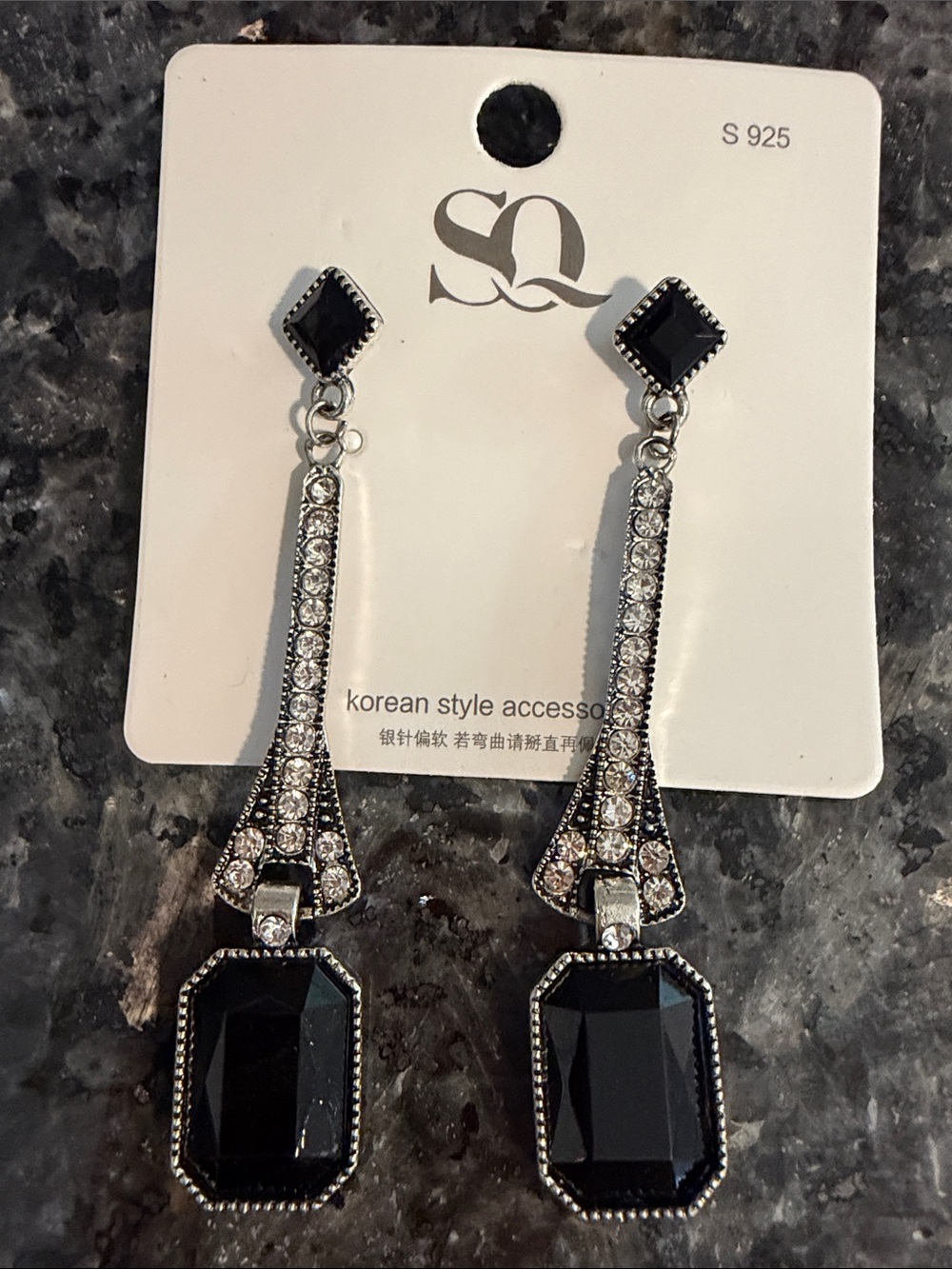 Black Crystal Drop Earrings - Korean Style